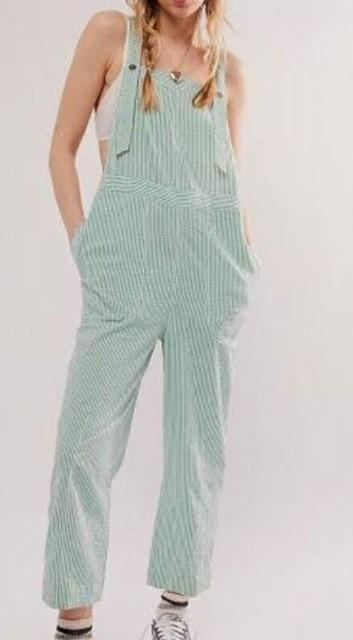 NWOT Free People S Town Green Combo Striped Overalls Seersucker 126511