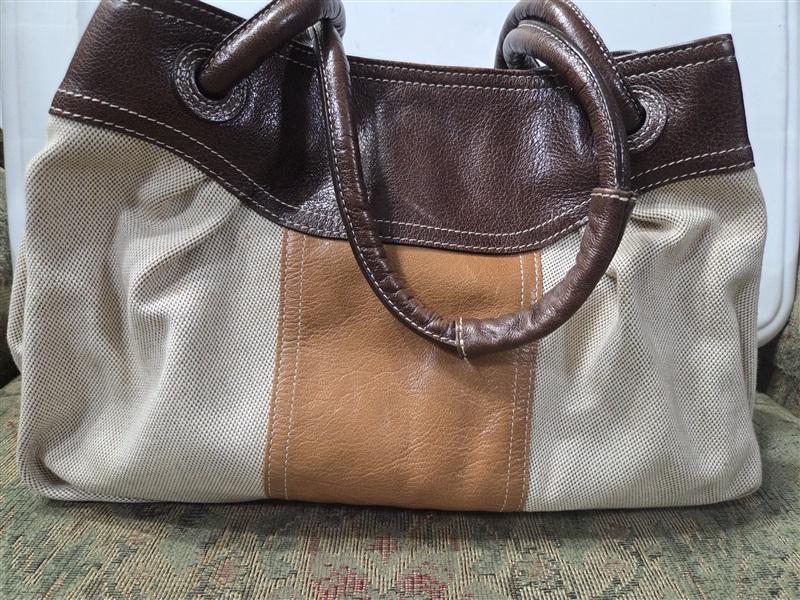 Vintage Brighton Beige Canvas & Leather Bag Satchel Purse 126657