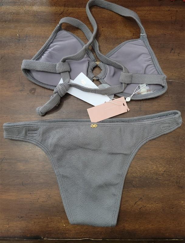NWT PIlyq Sand Reef Ring Tri Bikini Swim STop & S Bottom Gray 126705