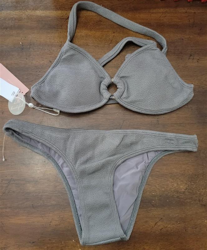 NWT PIlyq Sand Reef Ring Tri Bikini Swim STop & S Bottom Gray 126705
