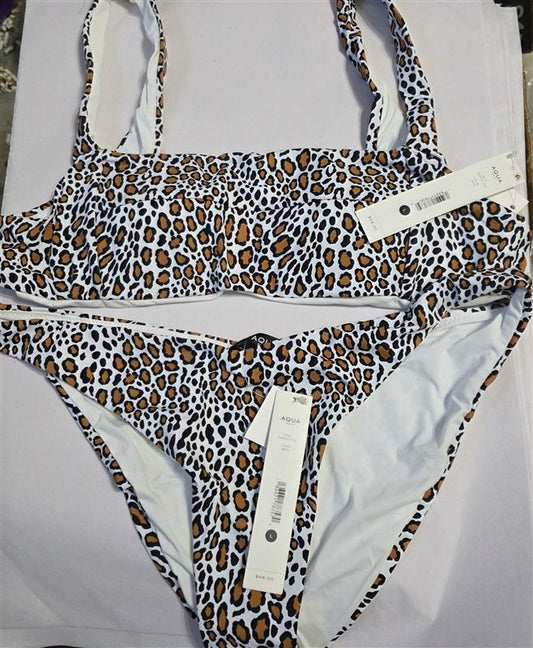 NWT Aqua Swim L Cheetah Print Bikini Top & Bottom Swimsuit 126706