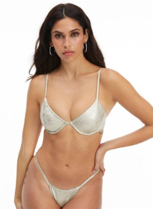 NWT Good American M Shiny Snake Print Underwire Bikini TOP Silver 126777