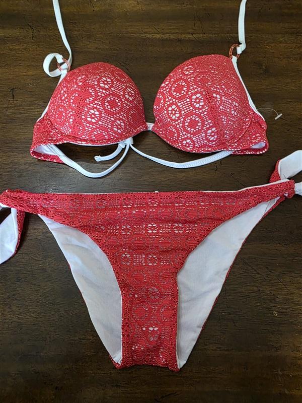 NWOT Tezenis M Red White LaceTie Side Push Up Bikini Swim Set 126781