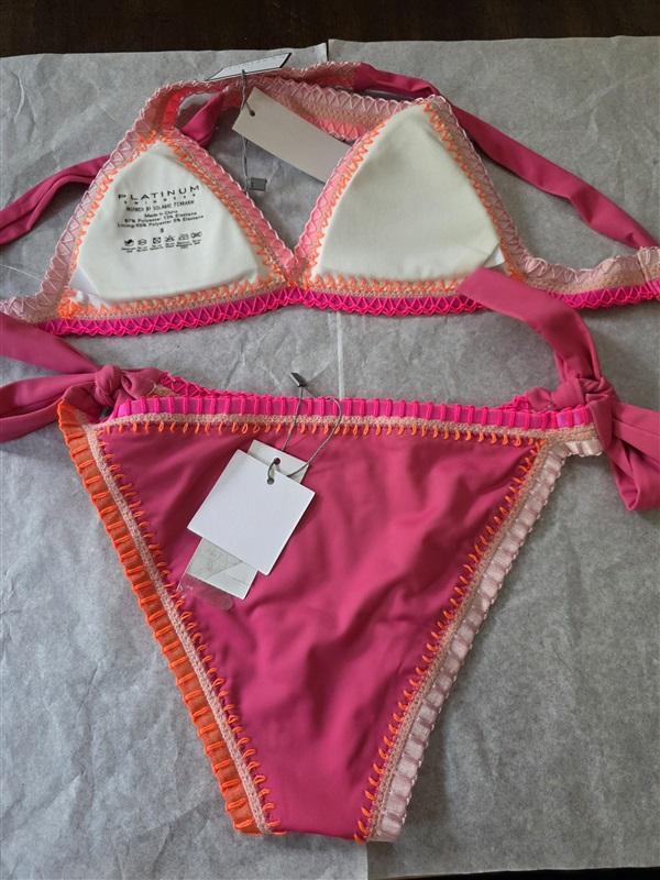 NWT Pilyq Platinum Crochet Trim S Side-Tie Bikini Swim Bottoms & Top Pink 126797