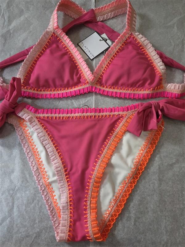 NWT Pilyq Platinum Crochet Trim S Side-Tie Bikini Swim Bottoms & Top Pink 126797