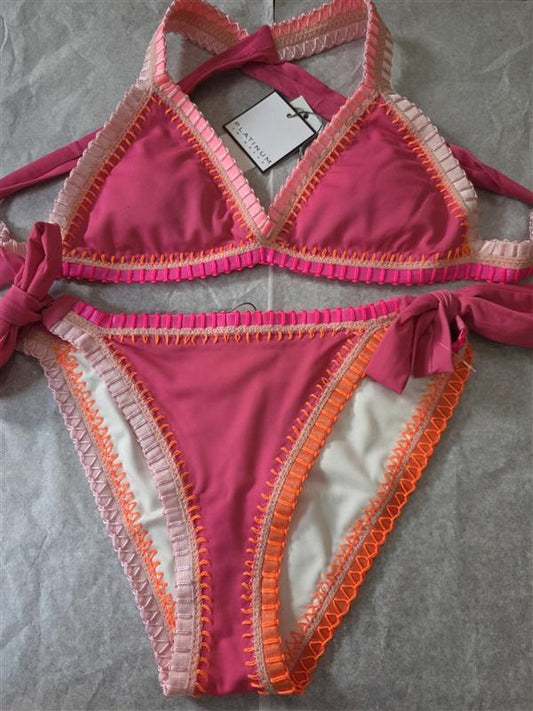NWT Pilyq Platinum Crochet Trim S Side-Tie Bikini Swim Bottoms & Top Pink 126797