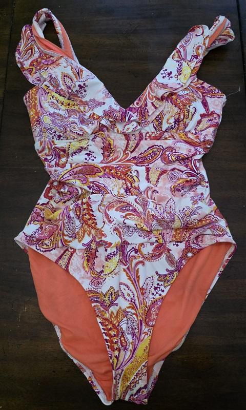 NWOT Ralph Lauren 10 Beach Club Ruffle Paisley 1pc Swimsuit Pink 126805
