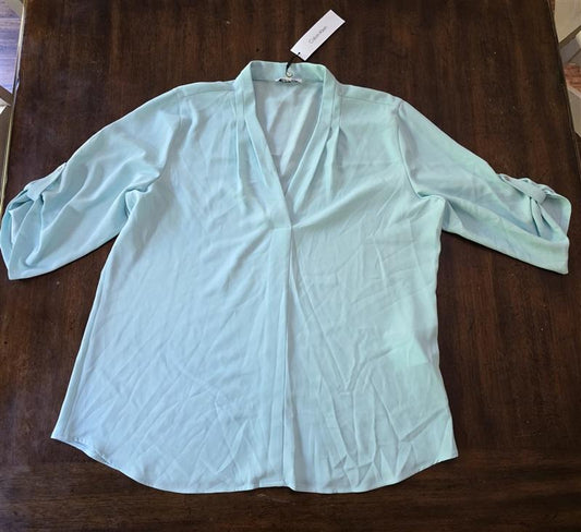 NWT Calvin Klein XL Roll Sleeve Blouse Inverted Pleating Mint Green 126828
