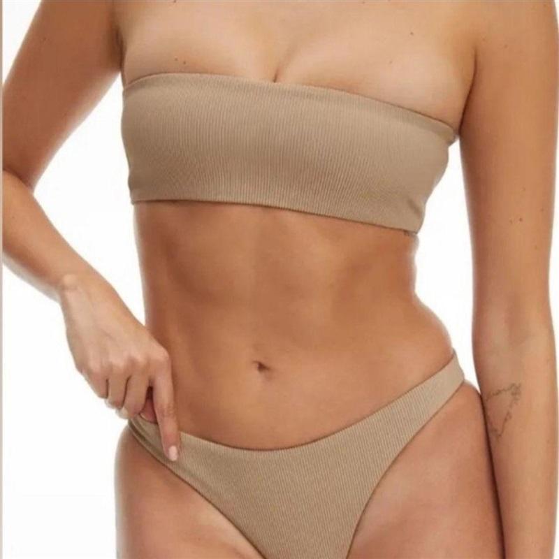 NWT Good American M Better Bandeau Top Beige Bikini Swim Tube 126832