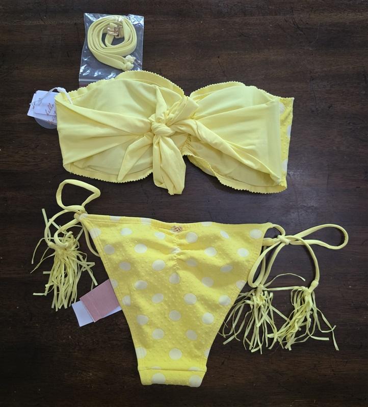 NWT Pilyq S Yellow Polka Dot Scalloped Bandeau Bikini Swim Top & Bottom 126873