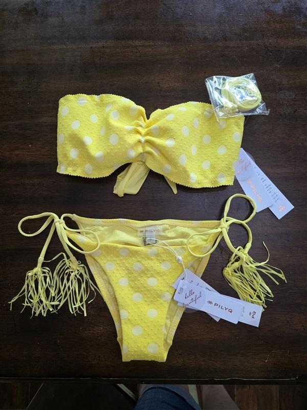 NWT Pilyq S Yellow Polka Dot Scalloped Bandeau Bikini Swim Top & Bottom 126873