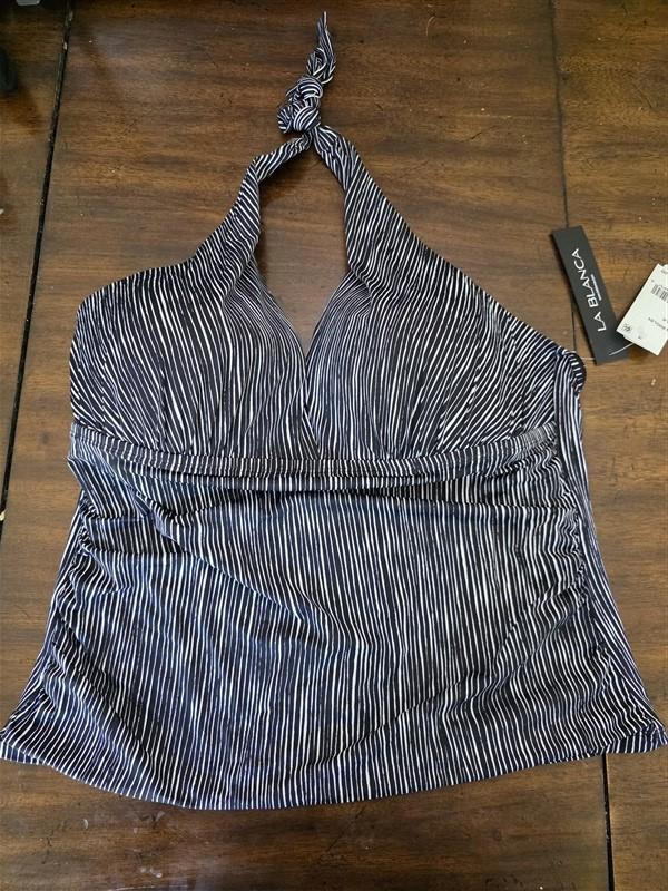 NWT La Blanca 16 Black White Stripe Halter Tankini Top Swimsuit Top 126875