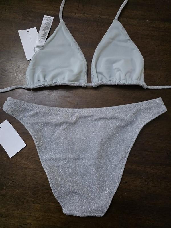 NWT Good American M Silver Glitter Bikini Top & Bottom 126906