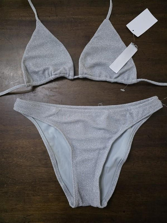 NWT Good American M Silver Glitter Bikini Top & Bottom 126906