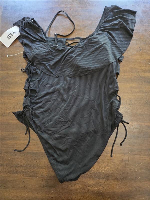 NWT YMI 3x Lace Up Side Ruffle Bodysuit Swimsuit 1pc Black 127046