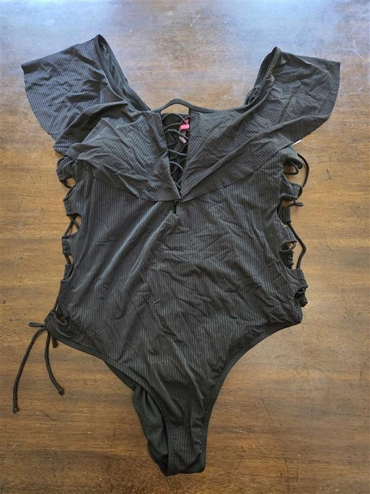 NWT YMI 3x Lace Up Side Ruffle Bodysuit Swimsuit 1pc Black 127046