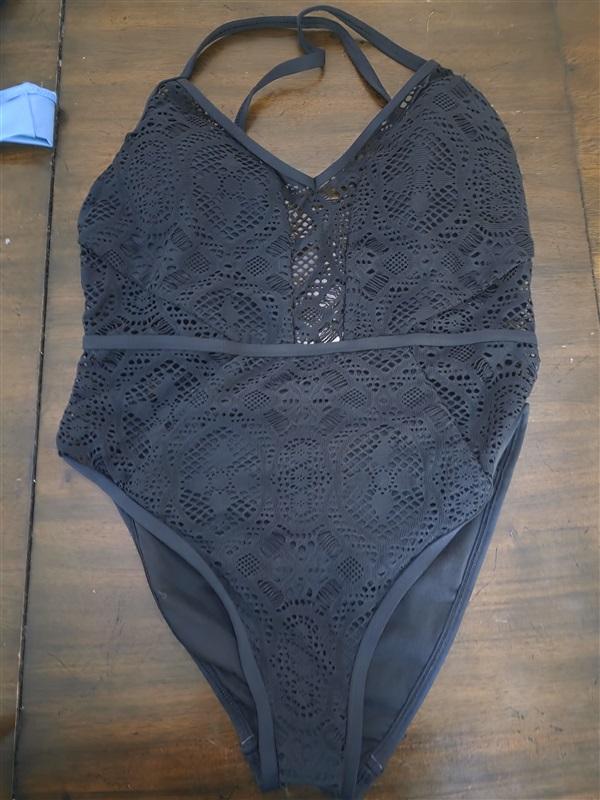 NWT Kenneth Cole Large Black Crochet 1PC Swimsuit 127079