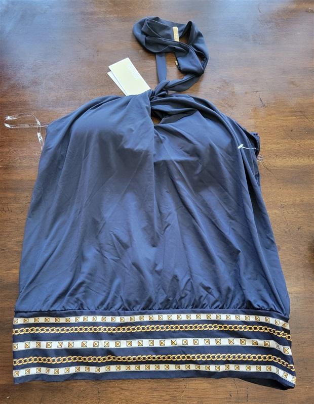 NWT MICHAEL KORS M Twist Neck Tankini Top Chain Border Blue 127081