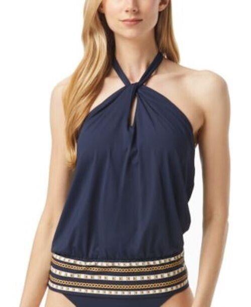 NWT MICHAEL KORS M Twist Neck Tankini Top Chain Border Blue 127081