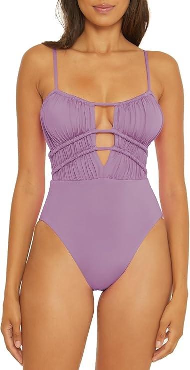 NWOT BECCA Color Code Shirred Cut Out 1PC Swimsuit Purple 127084