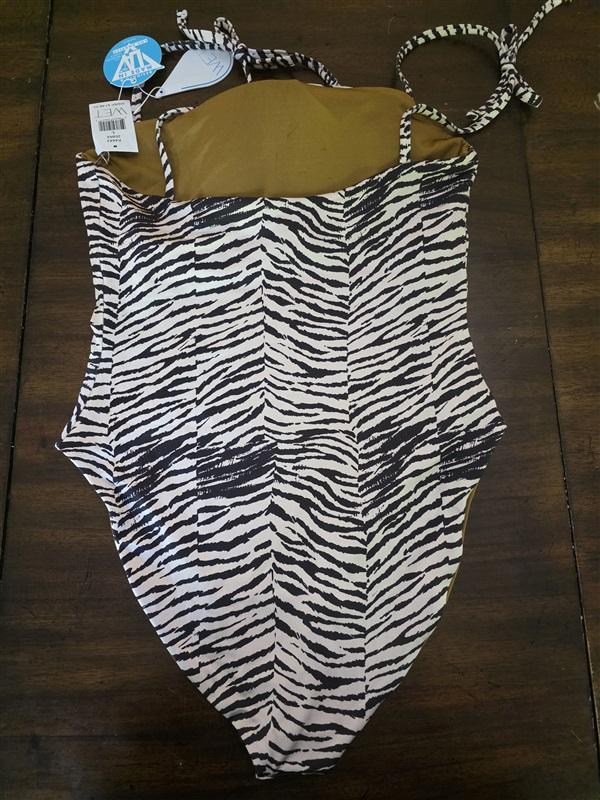 NWT Wet LA Large Zebra Shoulder Ties Square Neck 1PC Swimsuit Tan Black 127087