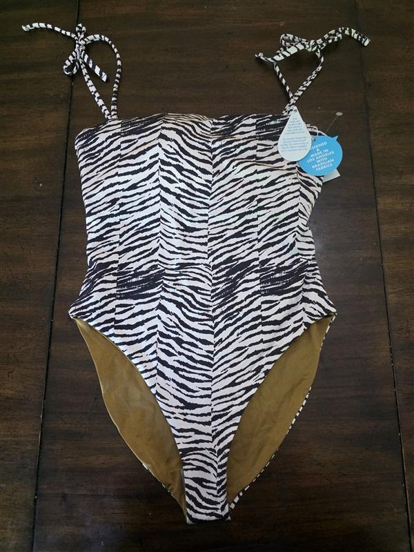 NWT Wet LA Large Zebra Shoulder Ties Square Neck 1PC Swimsuit Tan Black 127087