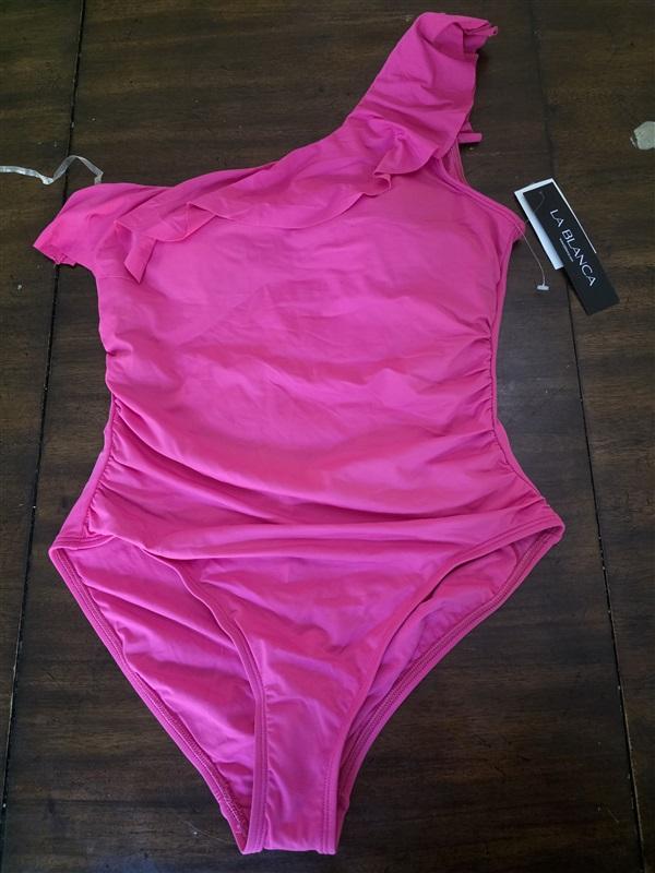 NWT La Blanca 12 Island Goddess 1 Shoulder Ruffle 1PC Swimsuit Pink 127088