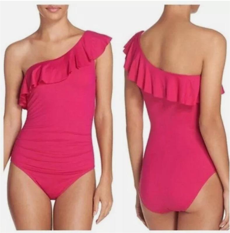 NWT La Blanca 12 Island Goddess 1 Shoulder Ruffle 1PC Swimsuit Pink 127088