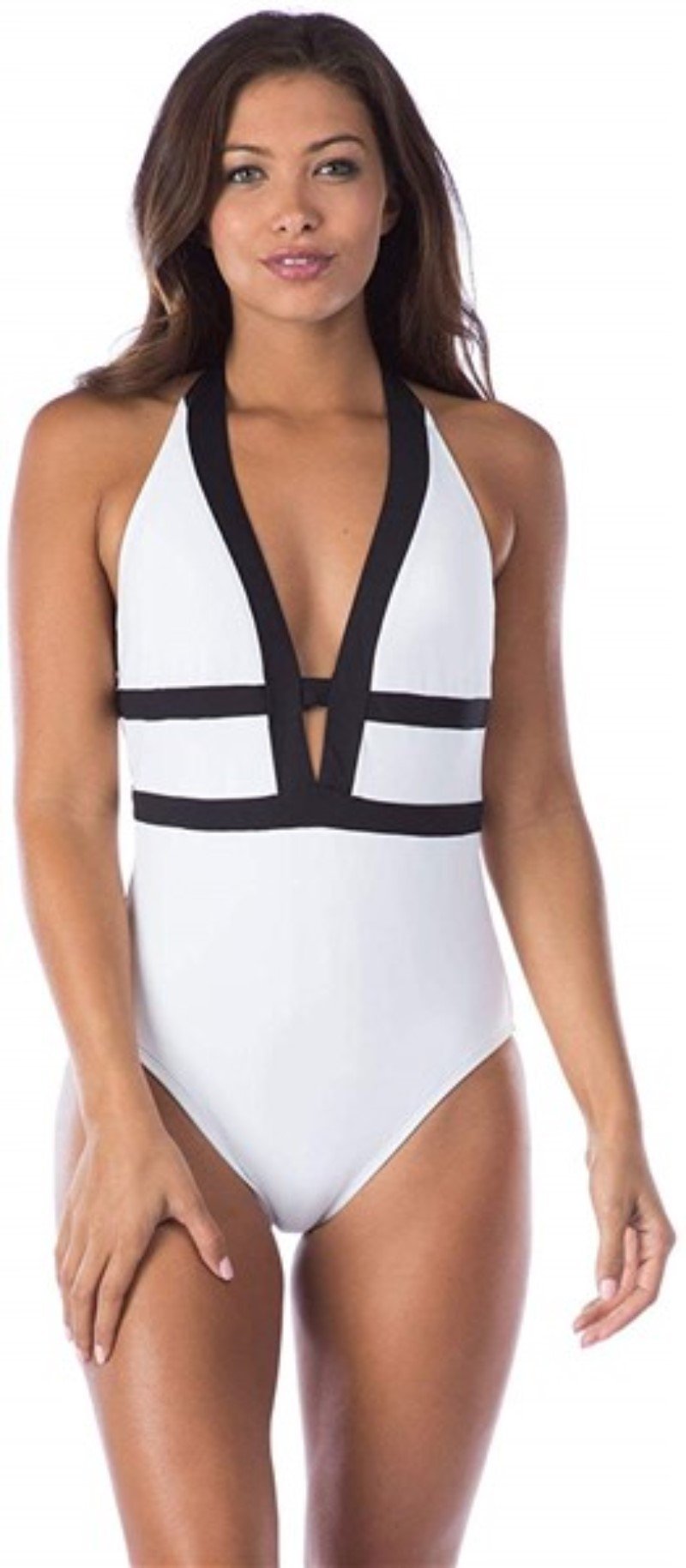 NWT La Blanca sz 10 Deep V Black White Halter 1 Pc SwimSuit 127094