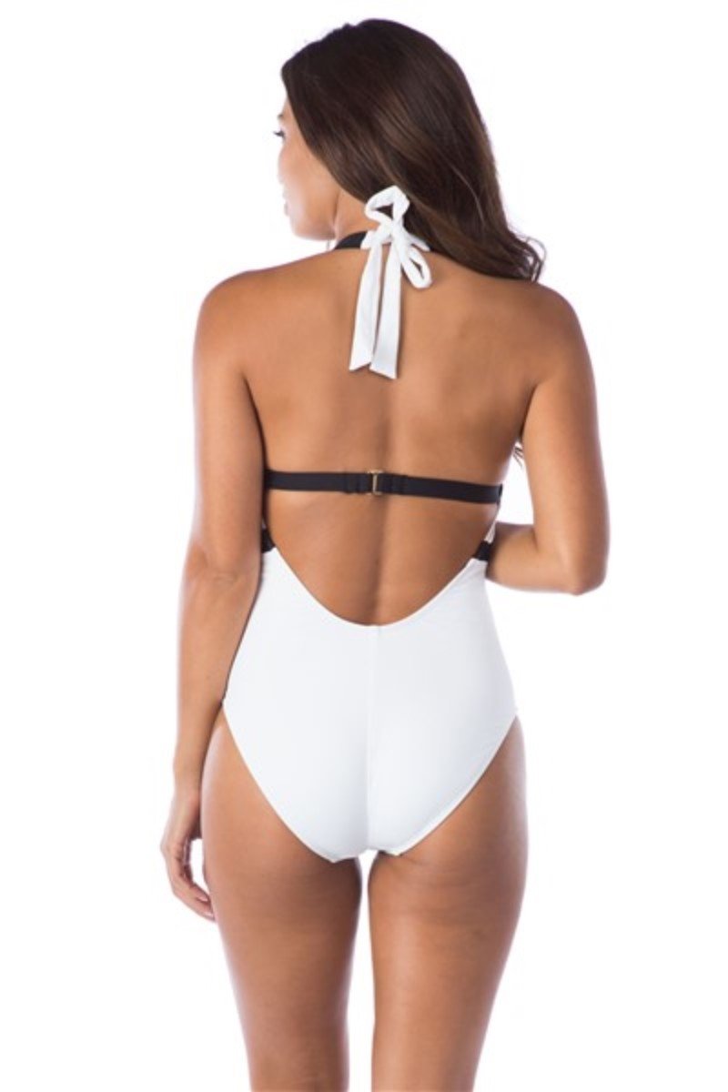 NWT La Blanca sz 10 Deep V Black White Halter 1 Pc SwimSuit 127094