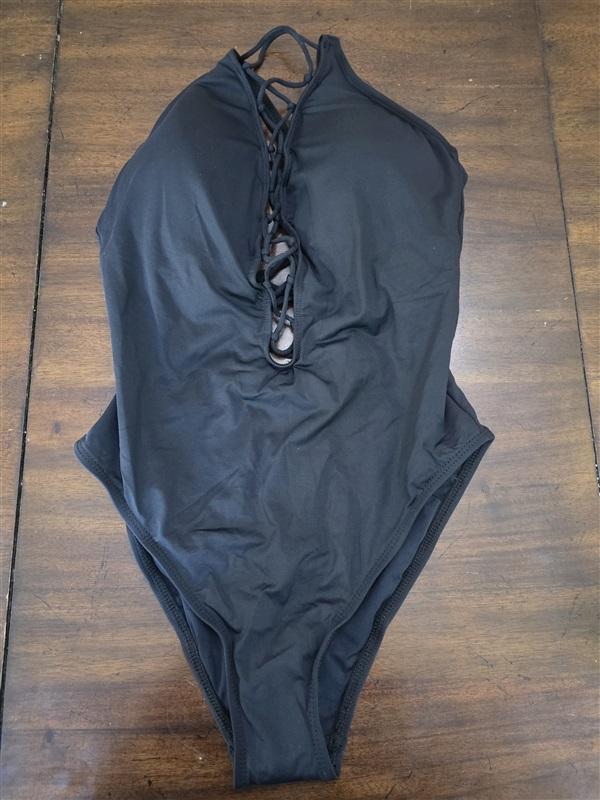 NWT La Blanca 10DD Island Goddess Lace-up Hi-Neck 1 PC Black Swimsuit 127102