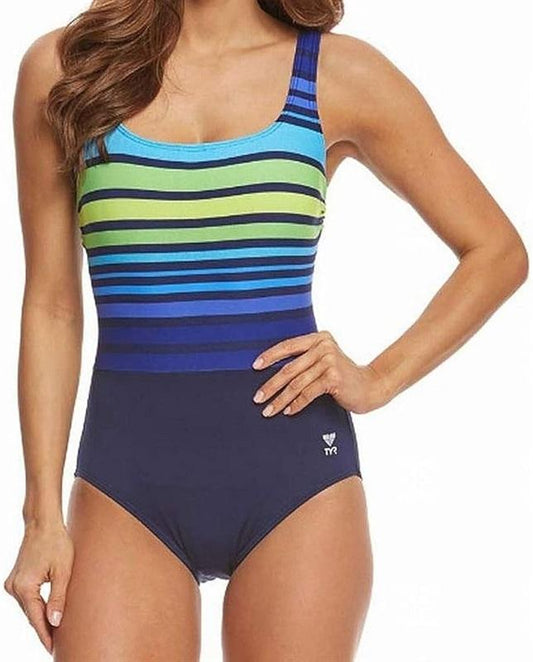 NWOT TYR 8 Ombre Stripe Aqua Controlfit One Piece Swimsuit Black 127107