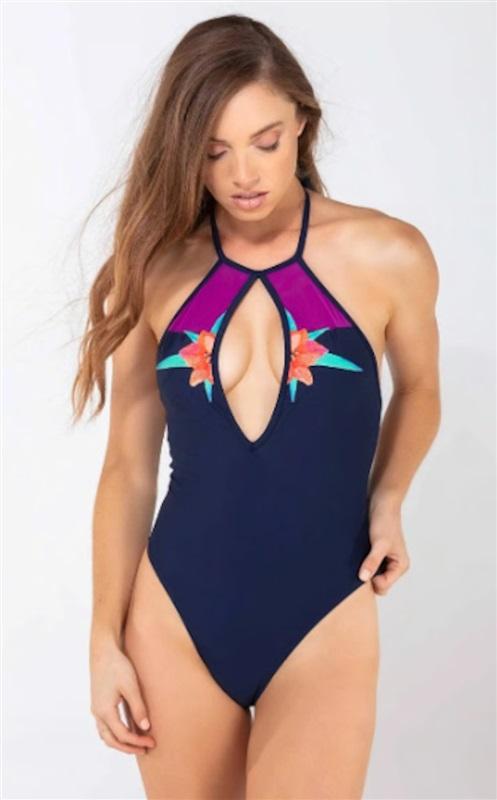 NWT Wet LA XS Deep Plunge Delilah Flower Blue 1PC Swimsuit 127108