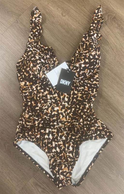 NWT DKNY 6 Ruffle Neck Deep V Tortoise 1P Swimsuit 127168