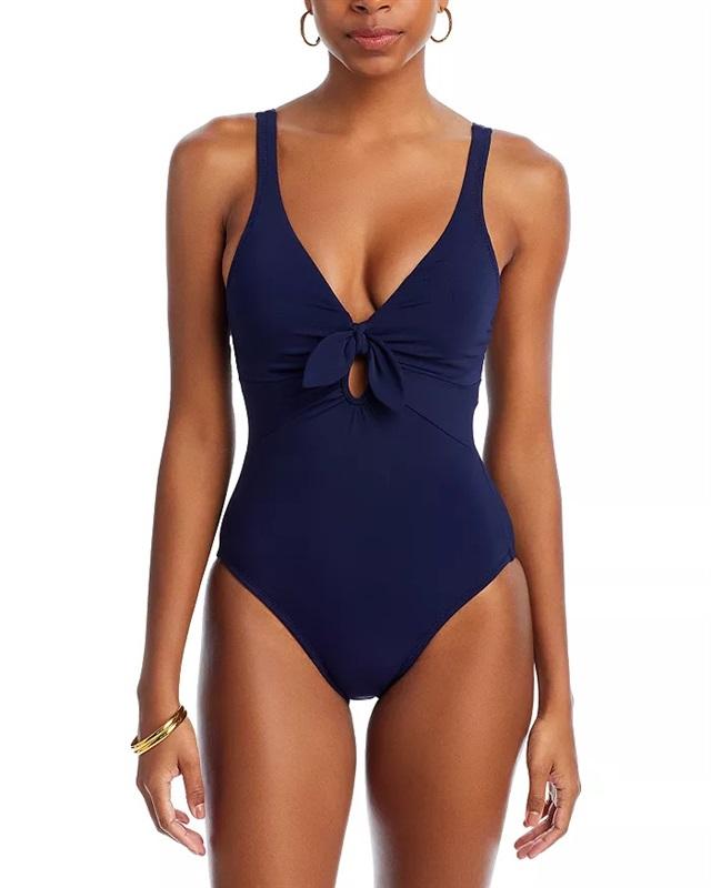 NWT Robin Piccone 10 Ava Plunge Neck Tie-Front 1PC Swimsuit Black 127182