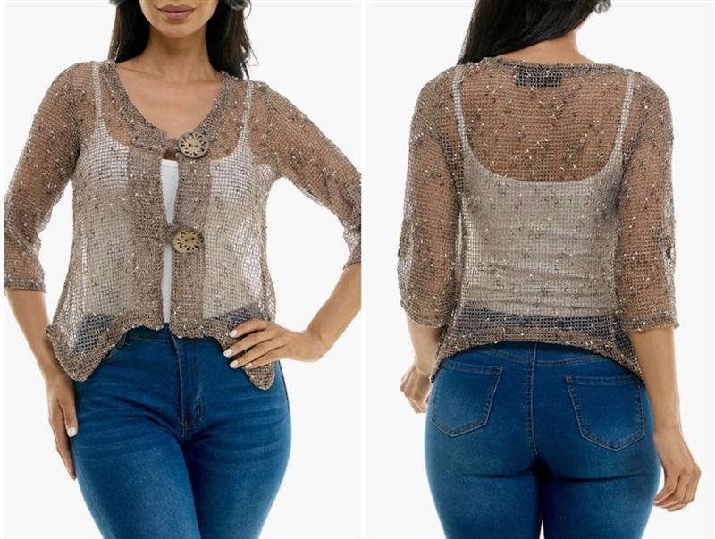 NWOT Nina Leonard L Open Knit Bolero Sweater Jacket Big Buttons 127236