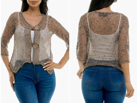 NWOT Nina Leonard L Open Knit Bolero Sweater Jacket Big Buttons 127236