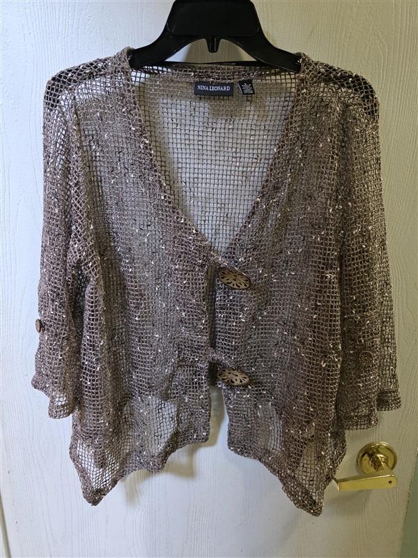 NWOT Nina Leonard L Open Knit Bolero Sweater Jacket Big Buttons 127236