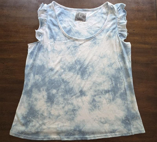 NWOT PJ Couture 1X Blue White Tie Dye Pajama Top Ruffle Sleeves 127570
