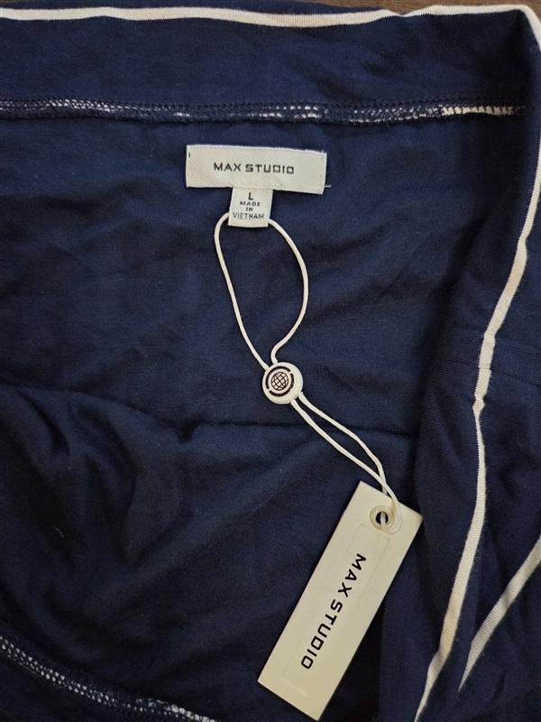NWT Max Studio L Blue White Stripe Tube Skirt Fold Over Waist Stretch Knit 127722