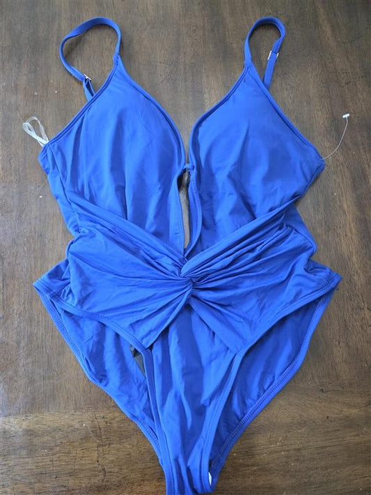 NWOT La Blanca 16 Island Goddess Deep V 1PC Swimsuit Blue 127882
