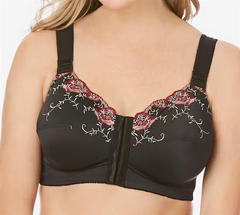 NWOT Comfort Choice 48B Embroidered Posture Bra Black Floral Front Close 128017