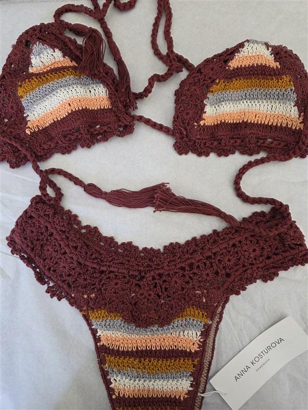 NWT Anna Kosturova M Bikini Top & Bottom Marsala Stripe Bella Swim Set 128121