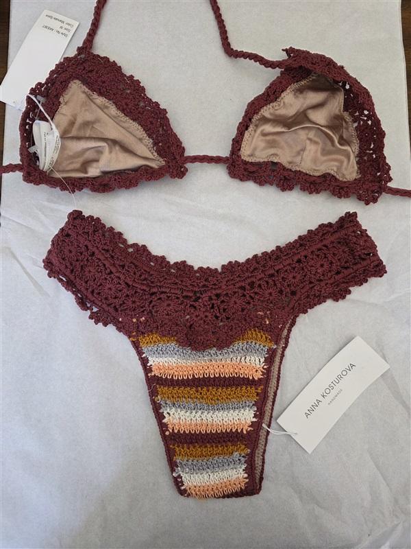 NWT Anna Kosturova M Bikini Top & Bottom Marsala Stripe Bella Swim Set 128121