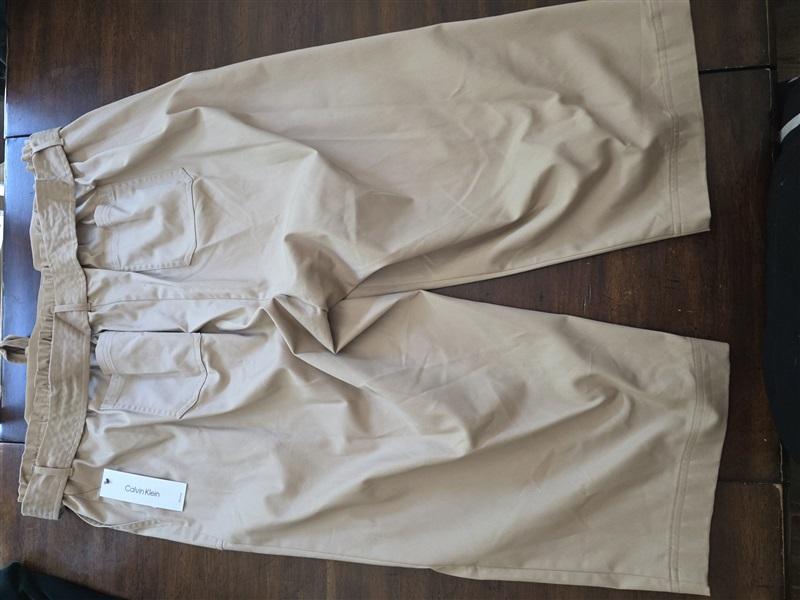 NWT Calvin Klein 2X Tie Waist Wide Leg Capri Pants Trousers Tan 128136
