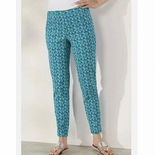 New Soft Surroundings M Super Stretch Straight Leg Ankle Pants Blue Floral