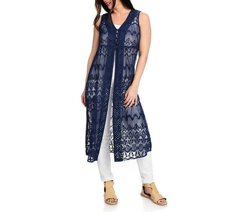 NWOT Indigo Thread XL Navy Blue Lace Vest Duster Beaded Buttons 128187