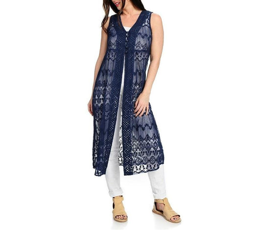 NWOT Indigo Thread XL Navy Blue Lace Vest Duster Beaded Buttons 128187