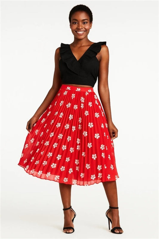 New AQUA Size M Pleated Floral Midi Length Flounce Skirt Red #128191