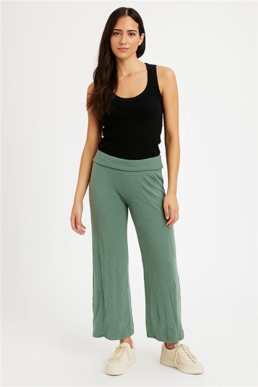 NWT Mododoc M Wide Leg Crop Fold-Over Waist Jersey Knit Pants Green #128194